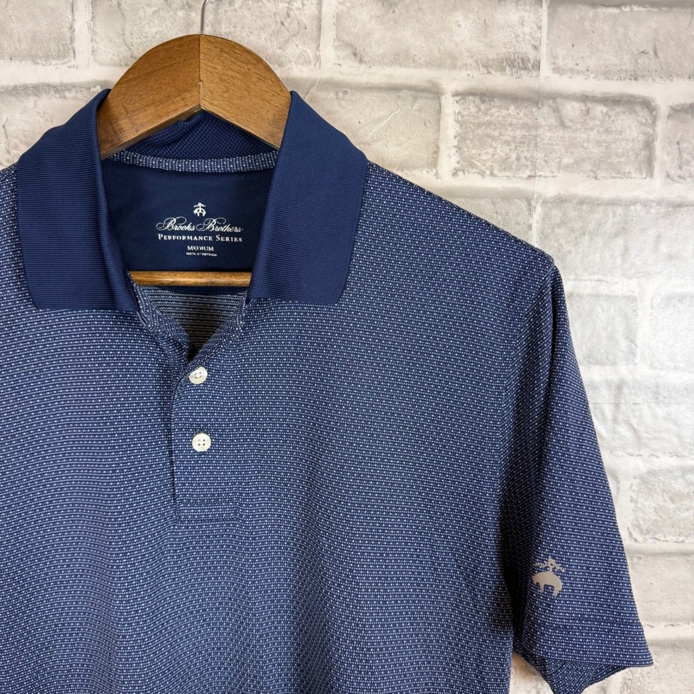 Brooks Brothers Performance Series Polo Shirt Mens Medium Navy Blue Pattern